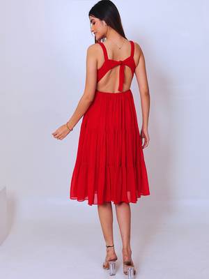 Red solid georgette fit & flare midi dress for women 2