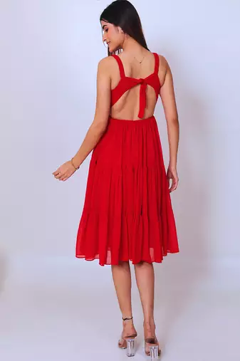 Red solid georgette fit & flare midi dress for women
