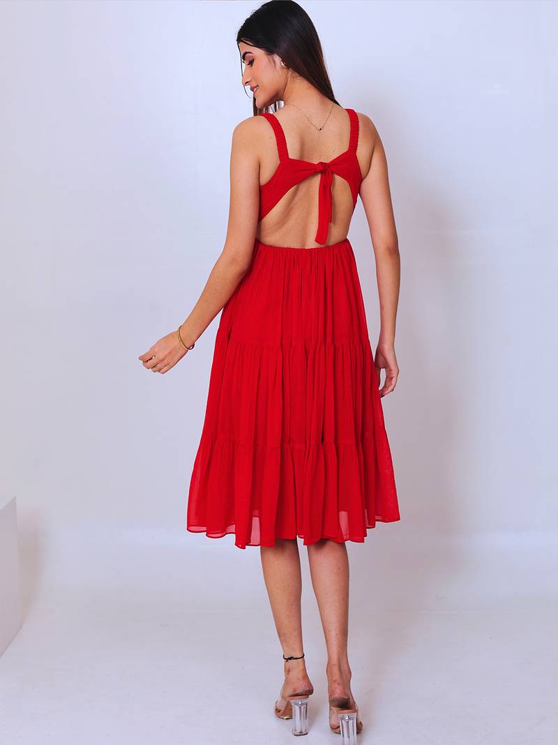 Red solid georgette fit & flare midi dress for women
