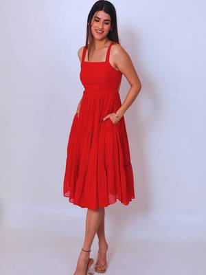 Red solid georgette fit & flare midi dress for women 3