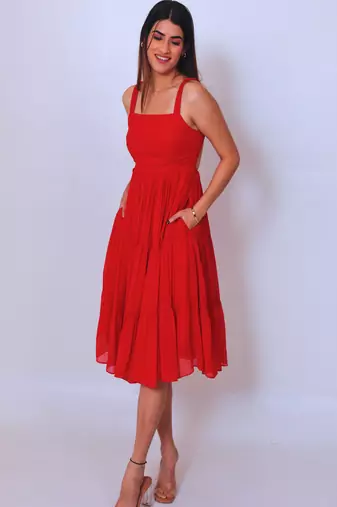 Red solid georgette fit & flare midi dress for women