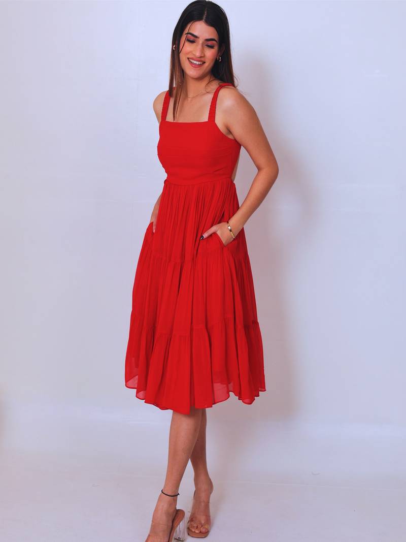 Red solid georgette fit & flare midi dress for women