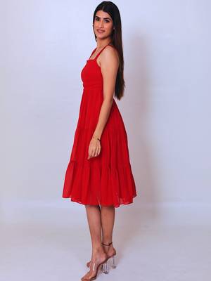 Red solid georgette fit & flare midi dress for women 4