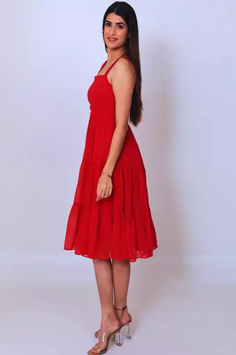 Red solid georgette fit & flare midi dress for women