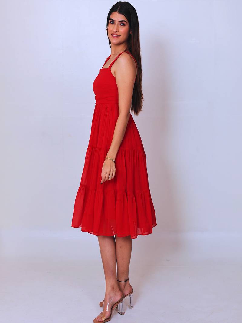Red solid georgette fit & flare midi dress for women