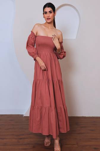 Rose solid cotton smocked tiered maxi dress for women