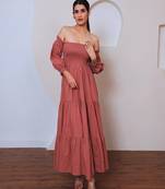 Rose solid cotton smocked tiered maxi dress for women