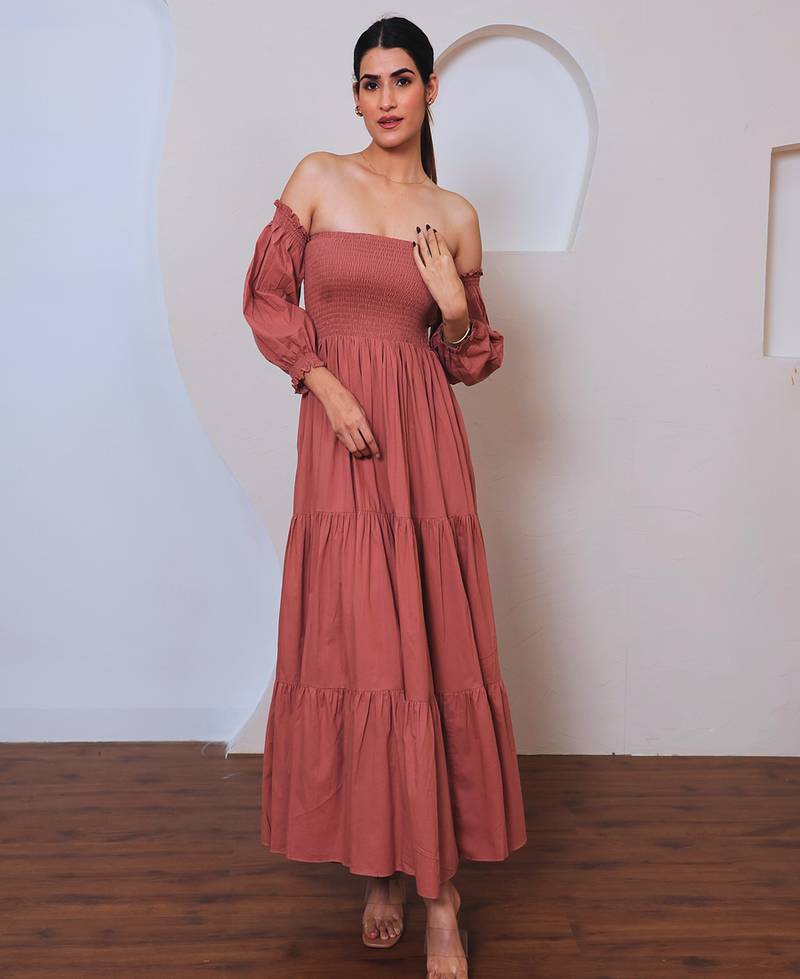 Rose solid cotton smocked tiered maxi dress for women