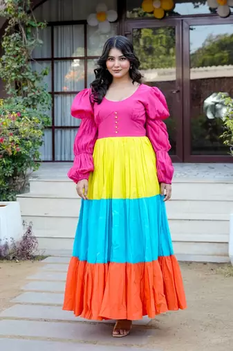 Multicolor colourblocked cotton fit & flare maxi dress for women