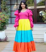 Multicolor colourblocked cotton fit & flare maxi dress for women