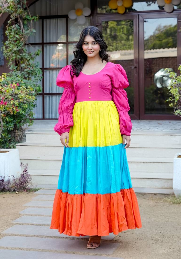 Multicolor colourblocked cotton fit & flare maxi dress for women