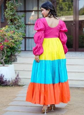 Multicolor colourblocked cotton fit & flare maxi dress for women 2