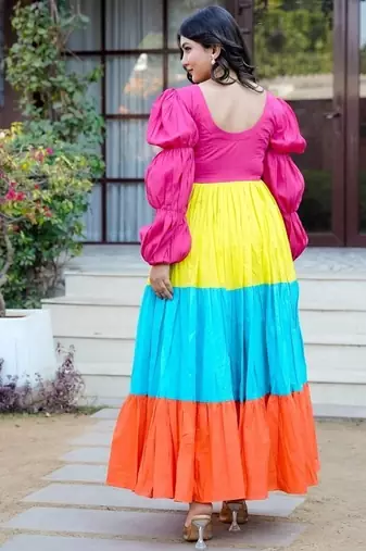 Multicolor colourblocked cotton fit & flare maxi dress for women