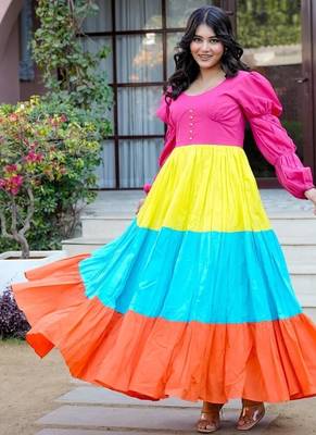 Multicolor colourblocked cotton fit & flare maxi dress for women 3