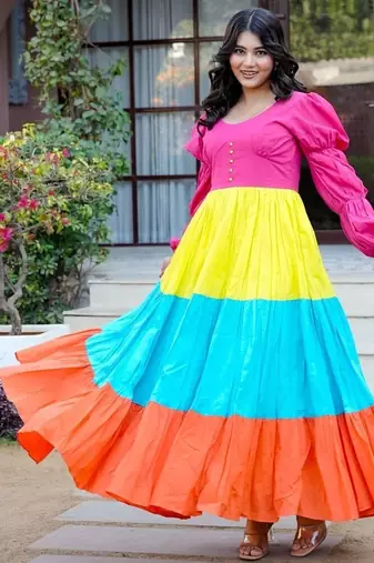 Multicolor colourblocked cotton fit & flare maxi dress for women
