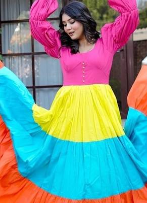 Multicolor colourblocked cotton fit & flare maxi dress for women 4