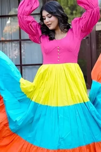 Multicolor colourblocked cotton fit & flare maxi dress for women