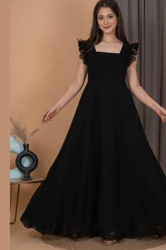 Black ruffled georgette gown dress for women