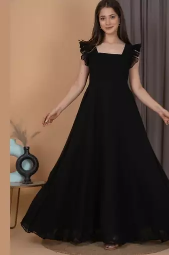 Black ruffled georgette gown dress for women