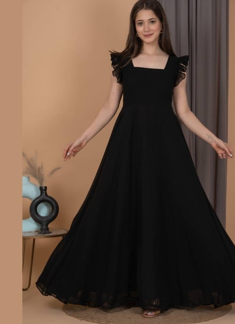 Black ruffled georgette gown dress for women