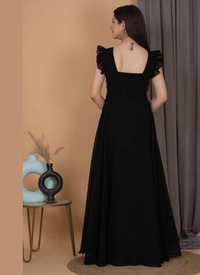 Black ruffled georgette gown dress for women 2
