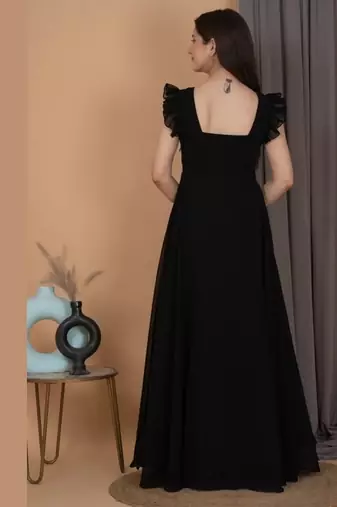 Black ruffled georgette gown dress for women