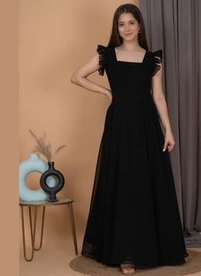 Black ruffled georgette gown dress for women 3