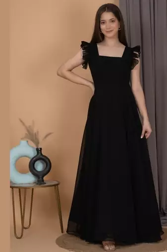 Black ruffled georgette gown dress for women