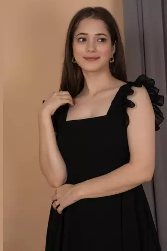 Black ruffled georgette gown dress for women