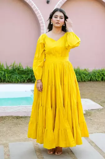 Mustard solid cotton tiered maxi dress for women