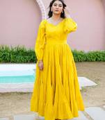 Mustard solid cotton tiered maxi dress for women