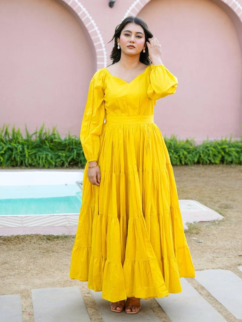 Mustard solid cotton tiered maxi dress for women