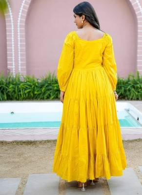 Mustard solid cotton tiered maxi dress for women 2