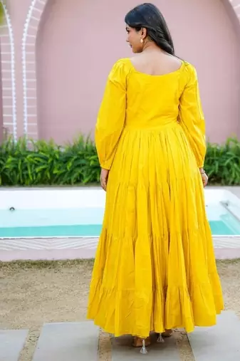 Mustard solid cotton tiered maxi dress for women