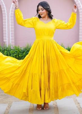 Mustard solid cotton tiered maxi dress for women 3