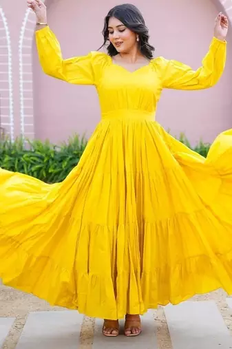 Mustard solid cotton tiered maxi dress for women