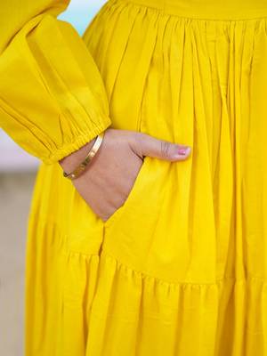 Mustard solid cotton tiered maxi dress for women 4