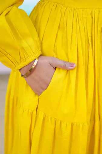Mustard solid cotton tiered maxi dress for women