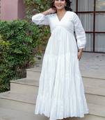 White solid cotton ruffled dress for women