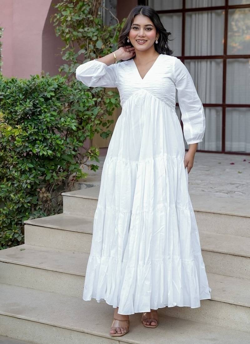 White solid cotton ruffled dress for women