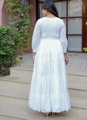 White solid cotton ruffled dress for women 2