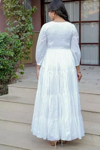 White solid cotton ruffled dress for women