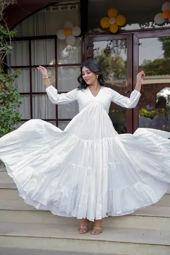 White solid cotton ruffled dress for women