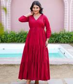 Maroon solid cotton tiered maxi dress for women