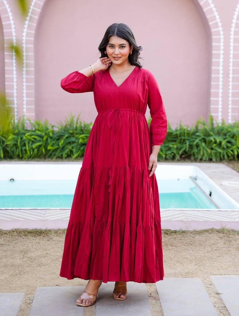 Maroon solid cotton tiered maxi dress for women