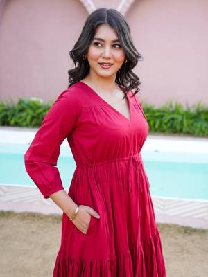 Maroon solid cotton tiered maxi dress for women 3