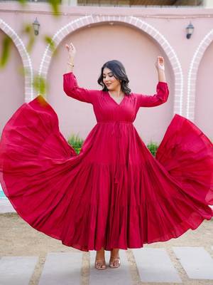 Maroon solid cotton tiered maxi dress for women 4