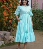 Sea green solid cotton tiered midi dress for women