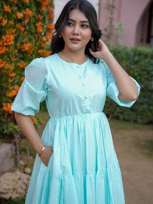 Sea green solid cotton tiered midi dress for women 4
