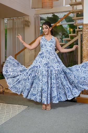 Blue floral printed fabric maxi dress for women